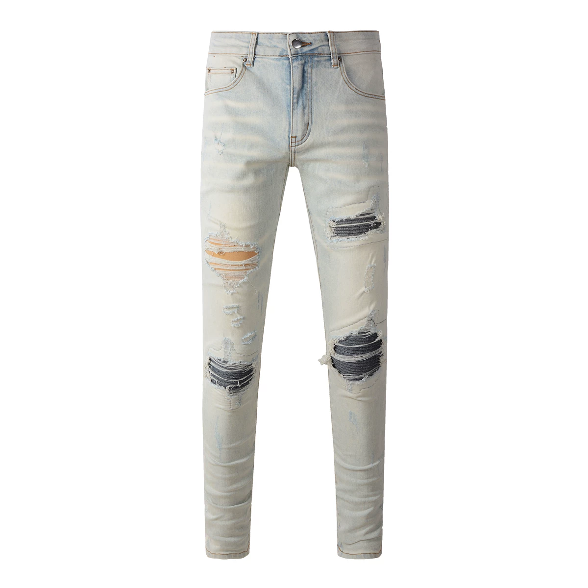 American high street fashion brand AMR new light colored distressed washed ripped jeans patch elastic slim fit leggings