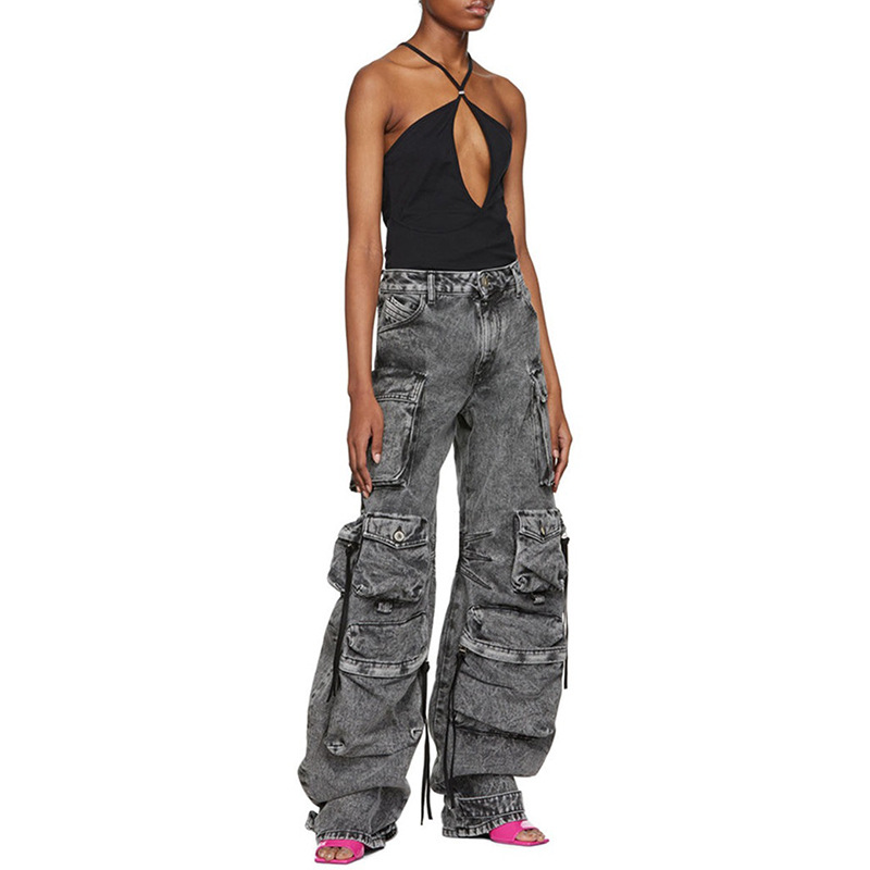 2026 Spring New Fashion Ash Gray Patchwork Multi-Pocket Cargo Pants Street Style Washed Vintage Long Wide-Leg Pants