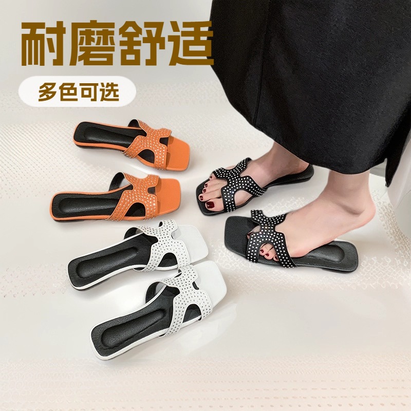 New Foreign Trade Style Square-Toe Flat Casual Rivet Slip-On Slippers for Women, Solid Color, Fashionable, Large Size, Suitable for Commuting