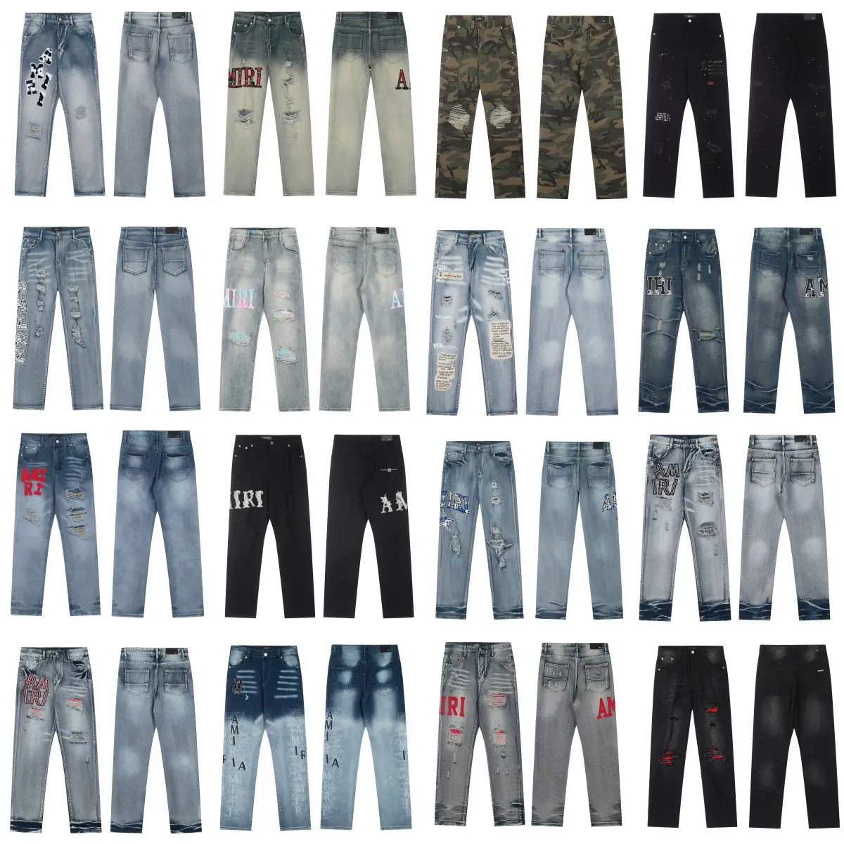 Cross-border high-tide A- meter heavy craft washing hole high-street embroidery men's and women's jeans old stitching light-back