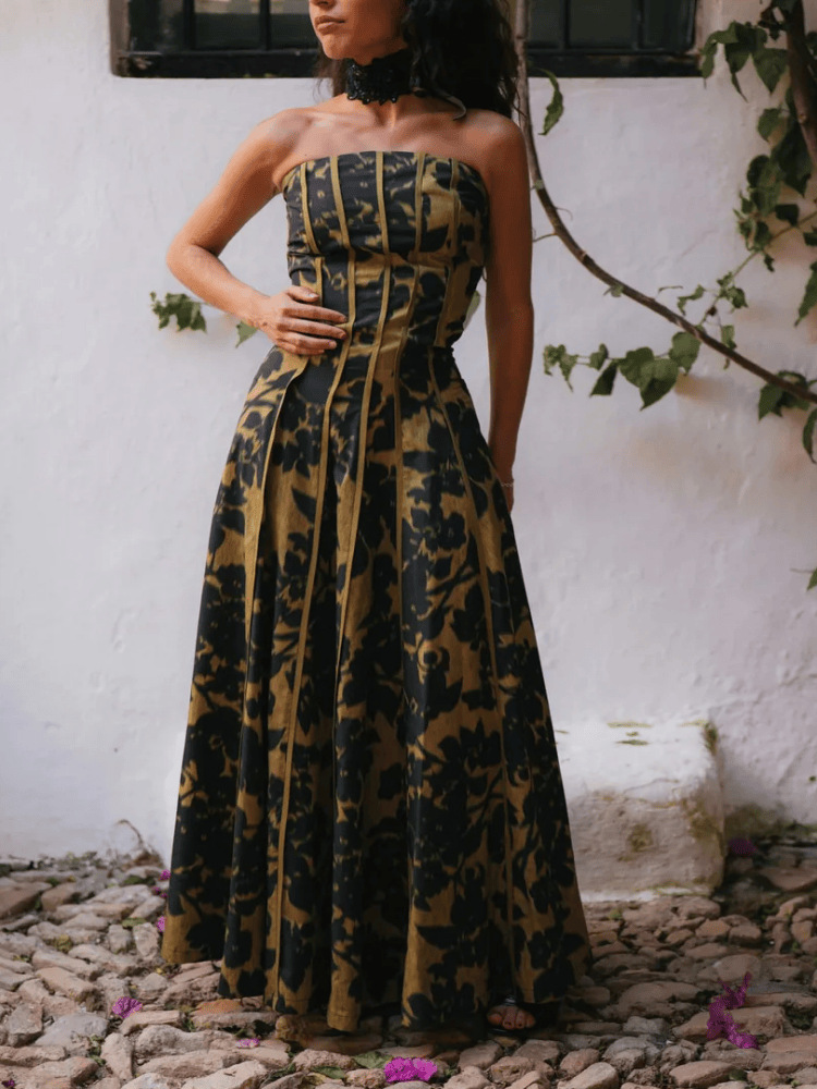 2025 New Foreign Trade European and American Amazon High-Waisted One-Shoulder Halter Neck Printed Sexy Backless Dress for Women
