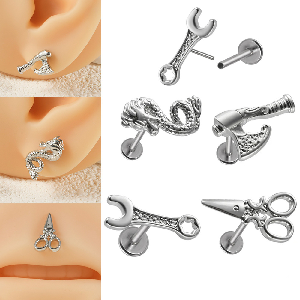 Cross-Border Stainless Steel Pin Lip Nail Personalized Dragon Wrench Ax Scissors Ear Nail Piercing Threadless Push Lip Ring