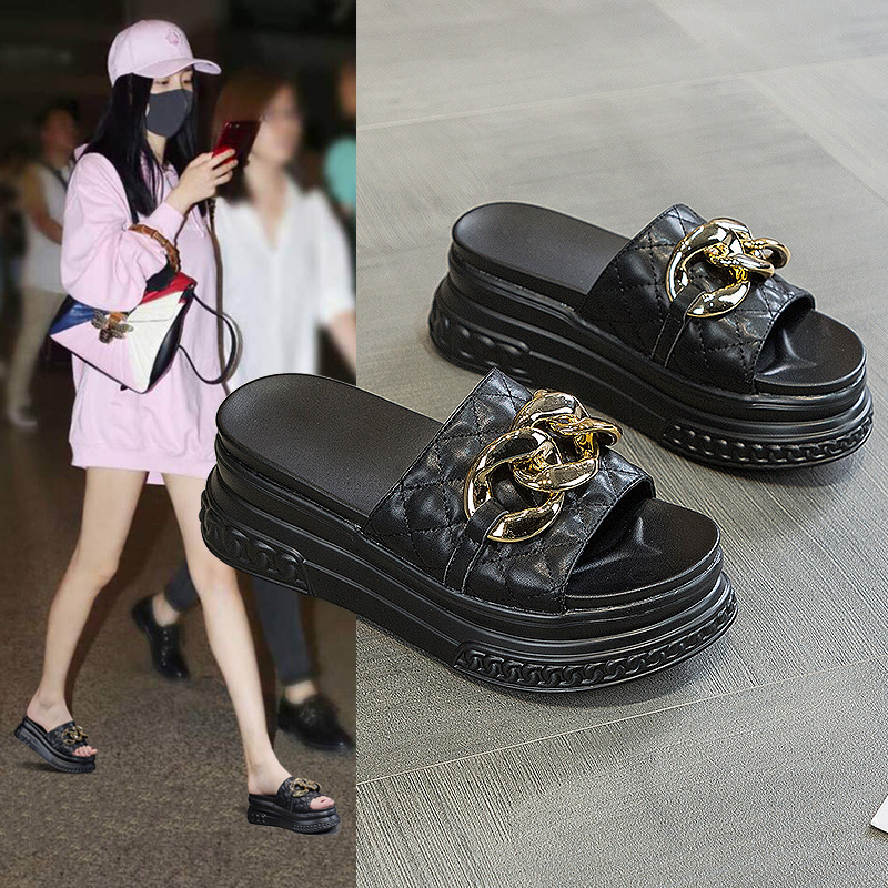 Sandals Women's Summer New Wedge Thick-soled Sandals and Slippers Outer Wear Horse Buckle Chanel Style Fashionable Korean Style Fashionable Large Size 40
