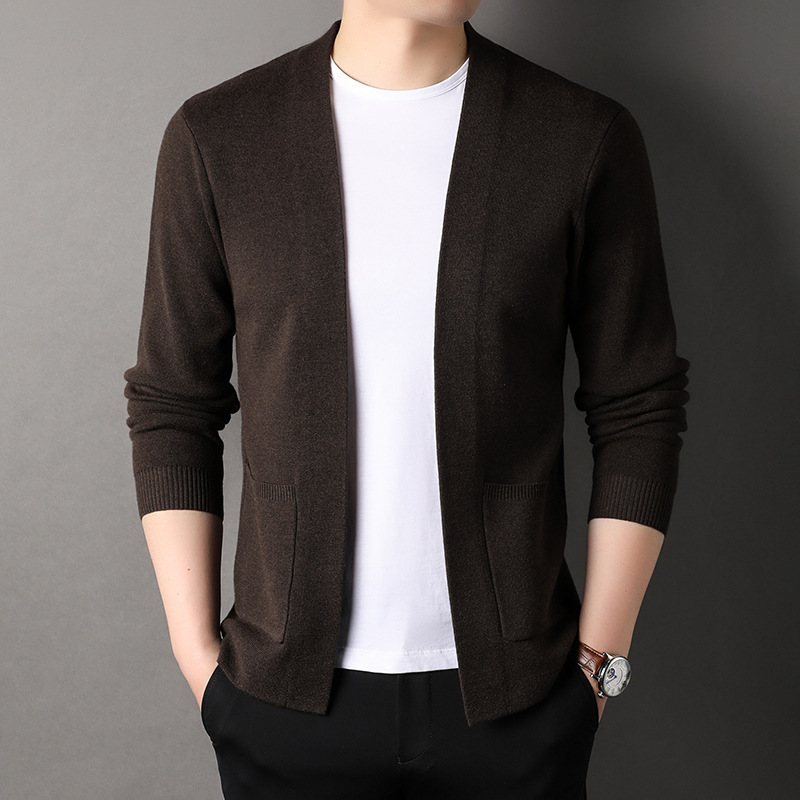 New autumn cardigan sweater men's solid color with wool real pocket outside the youth simple fashion coat wholesale