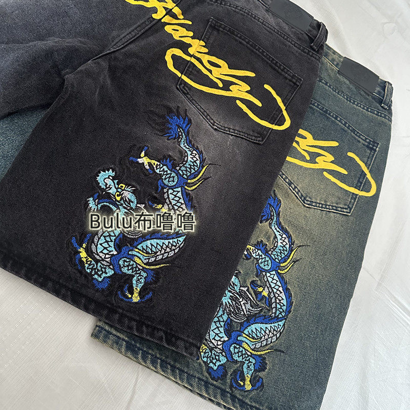 Oldschool American Retro Colorful Dragon Embroidery Letter Print Mid-Length Pants Hip-Hop Street Loose Skateboard Shorts