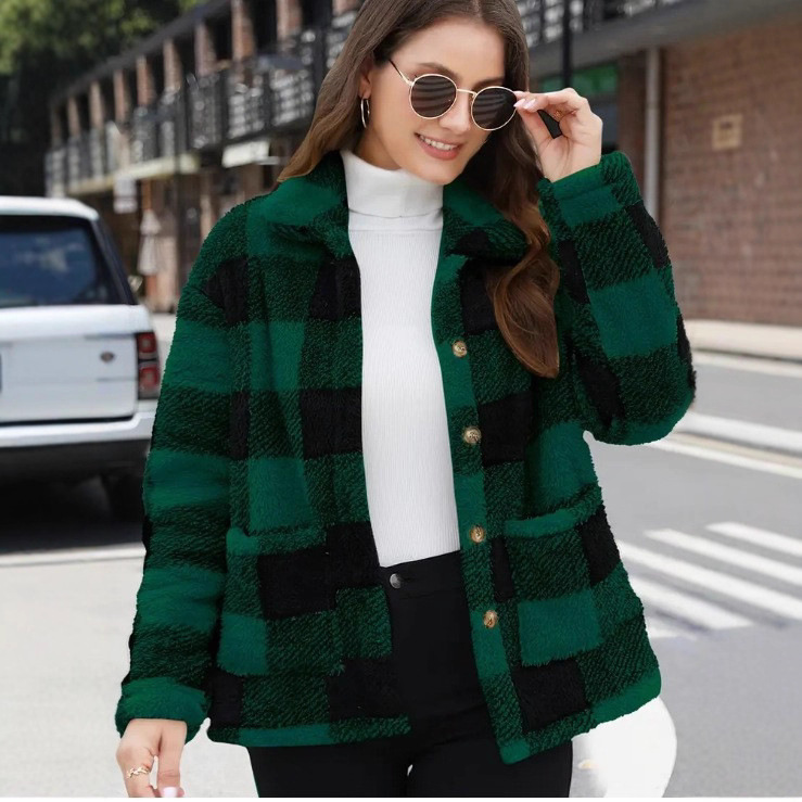 2026 Cross-Border European and American Style Plaid Plush Coat with Patch Pockets Versatile Long-Sleeve Winter Fashion Casual Coat