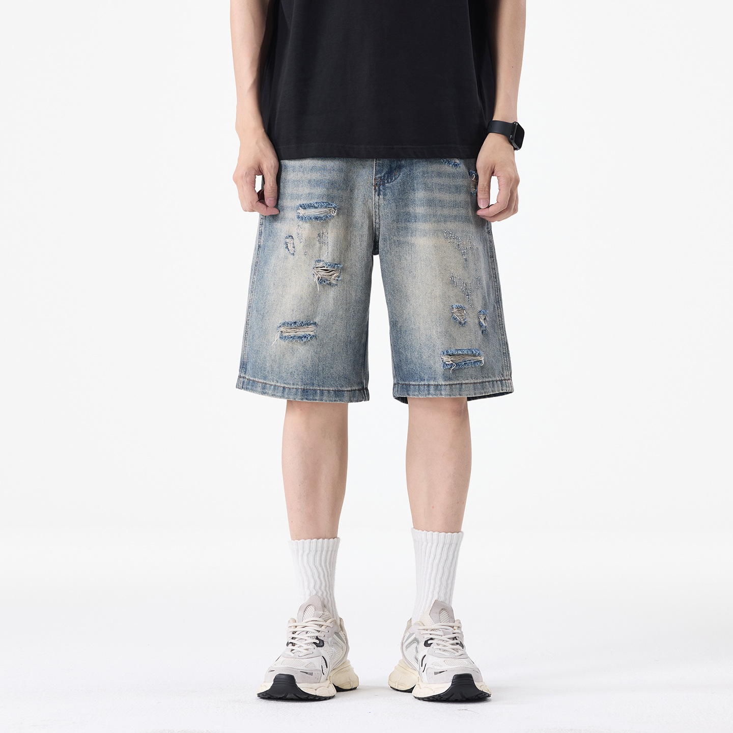 Vintage Trendy Brand Summer In-Stock Ripped Denim Shorts American-Style Washed and Faded Loose Versatile Five-Point Denim Shorts for Men