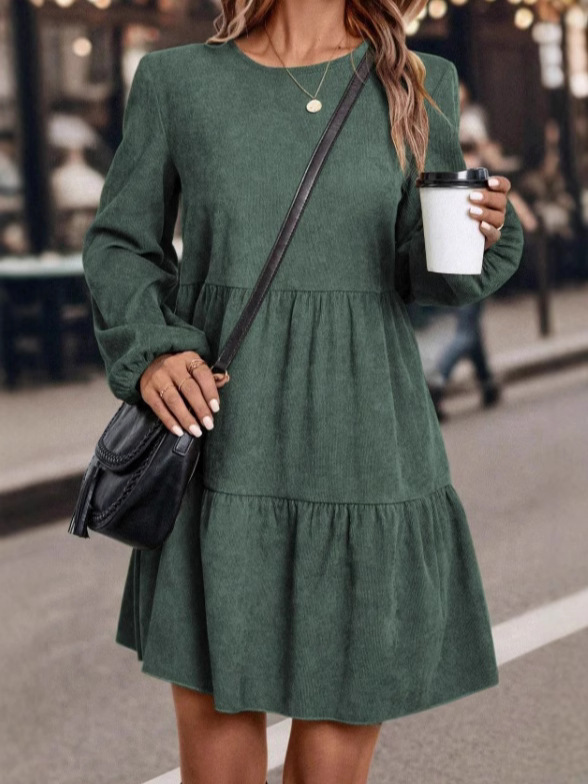 In-Stock Vintage Gentle Style Amazon Cross-Border European and American Autumn New Women's Corduroy Long-Sleeve Round-Neck Dress