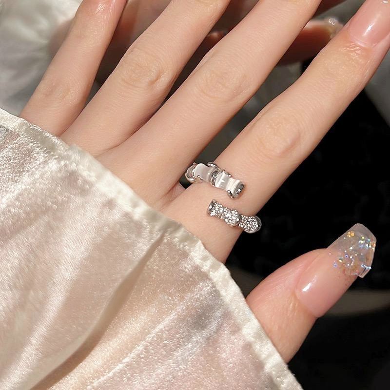 Bamboo cat's eye stone open ring women's zircon hoop stick personalized retro fashion food finger ring simple all-match ring