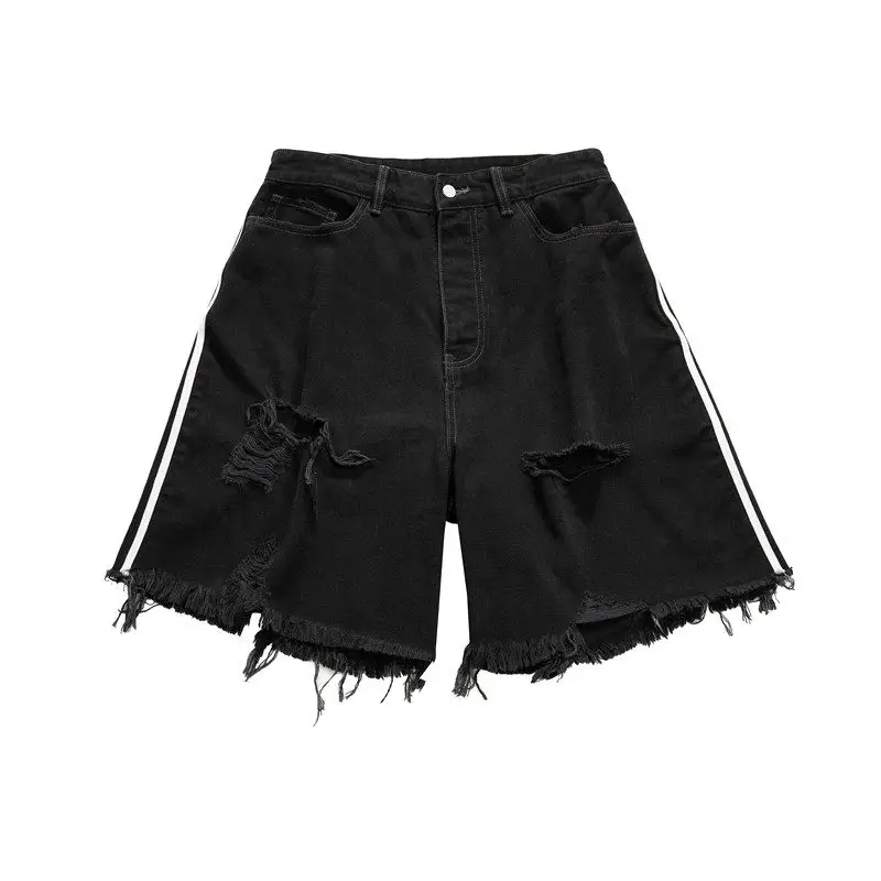 (In stock) Travis Scott washed and worn denim five quarter pants, high street hip-hop side striped distressed shorts