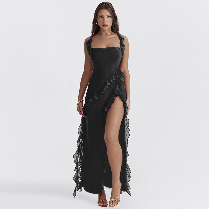 In-Stock 2026 European and American Style Spring/Summer Best-Selling High-End Ruffle Edge Patchwork Forest Style Slit Dress Women's Wholesale