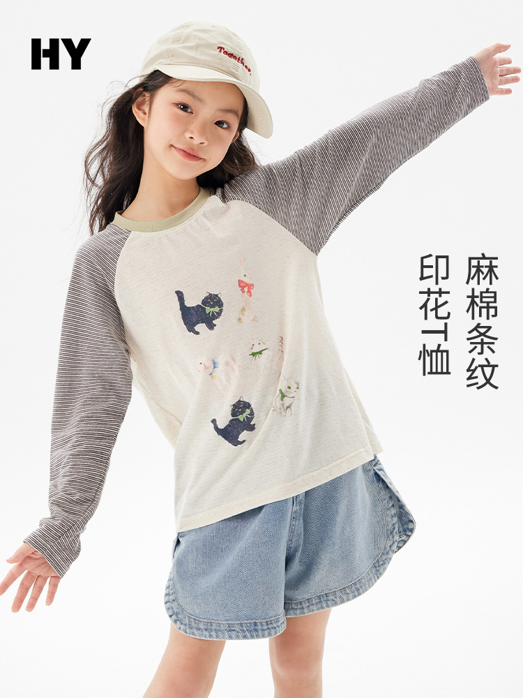 Children's Cotton and Linen T-Shirt 2026 Summer New Style Girls' Korean Cartoon Long-Sleeve Loose Breathable Top Trendy
