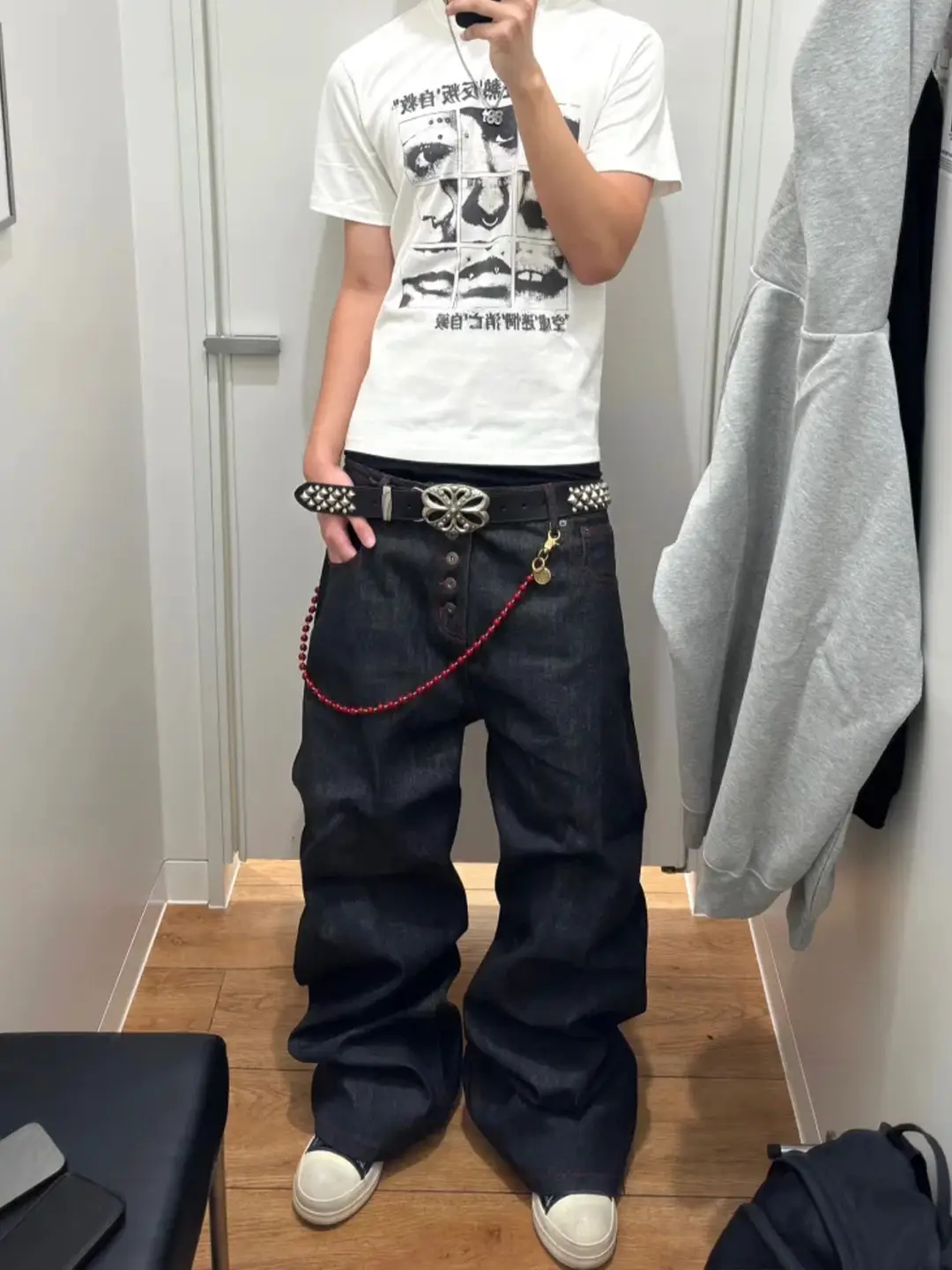 American retro original color washed denim wide leg jeans for men in autumn with a buckle design, loose and versatile straight leg pants