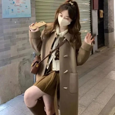 Horn Button Japanese Style Woolen Coat for Women, 2026 Autumn and Winter New Model, Mid-Length Coat for Petite Women