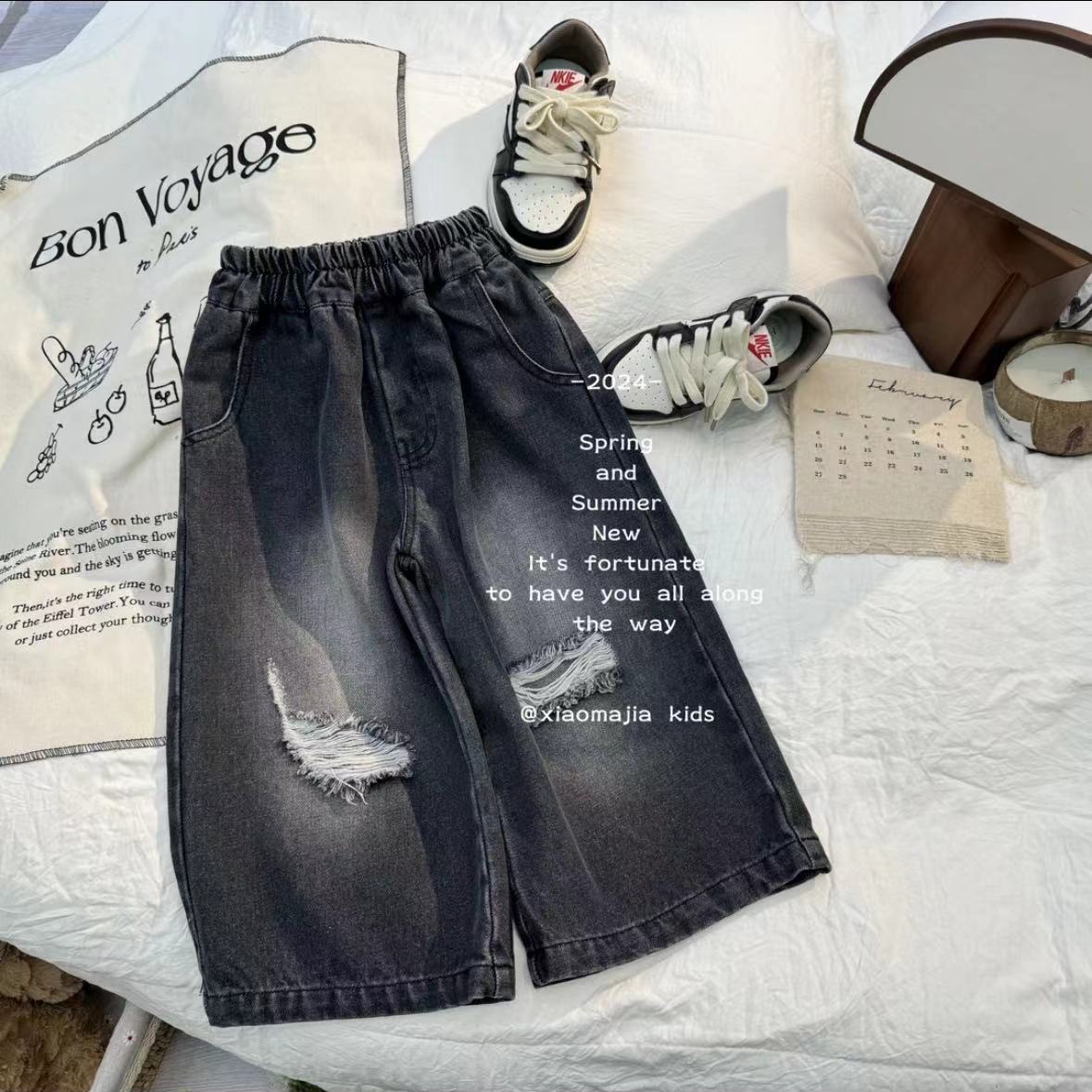 Spring and Autumn Children's Denim Pants for Boys and Girls, Trendy and Stylish Korean-Style Ripped Wide-Leg Pants for Kids