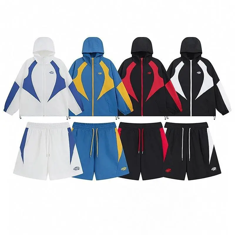 Cross-Border European and American Trendy Brand S&Y Embroidered Letter Stitching Contrasting Color Windbreaker Jacket Men's and Women's High Street Shorts Casual Suit