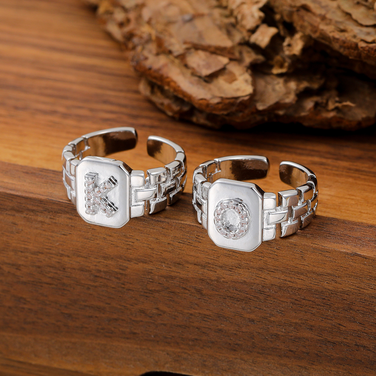 Cross-Border Hot Selling Copper Micro-Paved Zircon Personalized Square Ring Jewelry English Letters Men's Fashion Open Ring