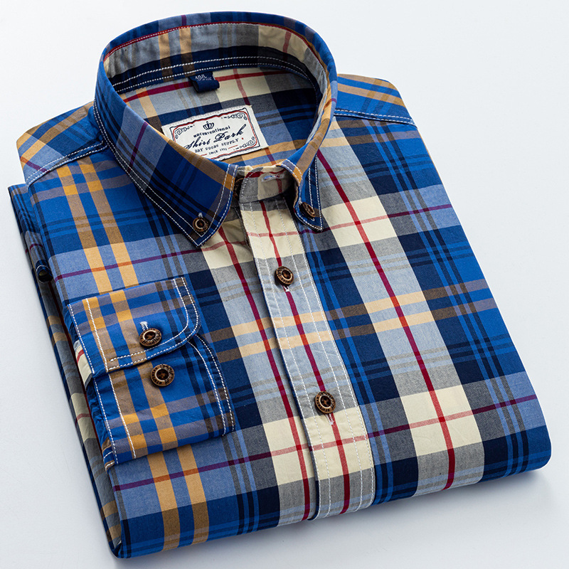 Pure Cotton Plaid Long Sleeve Shirt Young and Middle-aged All Cotton Fashion Shirt Daily Casual Single Wear Top Business Base Shirt