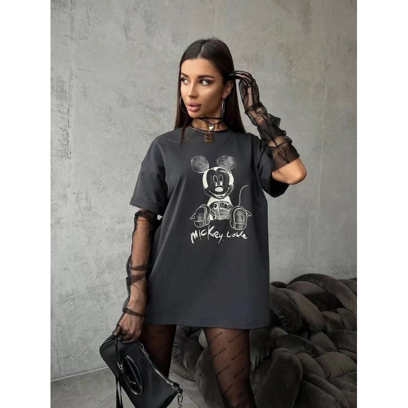 Cartoon Cute and Fun Age-Reducing Mickey Print Summer European and American Style Pure Cotton Short-Sleeved T-Shirt, Lazy Style Chic Top