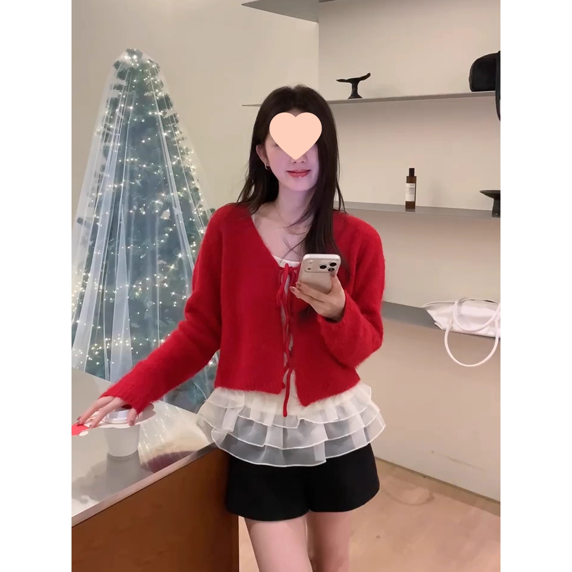 Christmas Red Korean-Style Atmospheric Red Sweater, Knitted Cardigan, Brushed Sweater with Unique Tie Design
