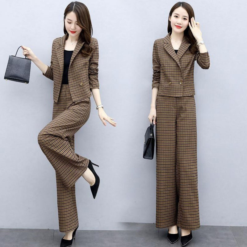 Plaid suit suit women's Spring and Autumn 2023 new Korean style fashionable age-reducing elegant wide-leg pants two-piece suit