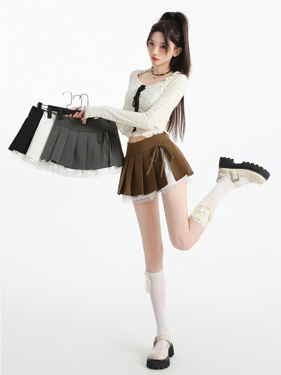 Feiyuan Lace Splicing Pleated Skirt for Women 2026 Spring New Style Bow-Knot Slit A-Line Skirt Ultra-Short Skirt Pants