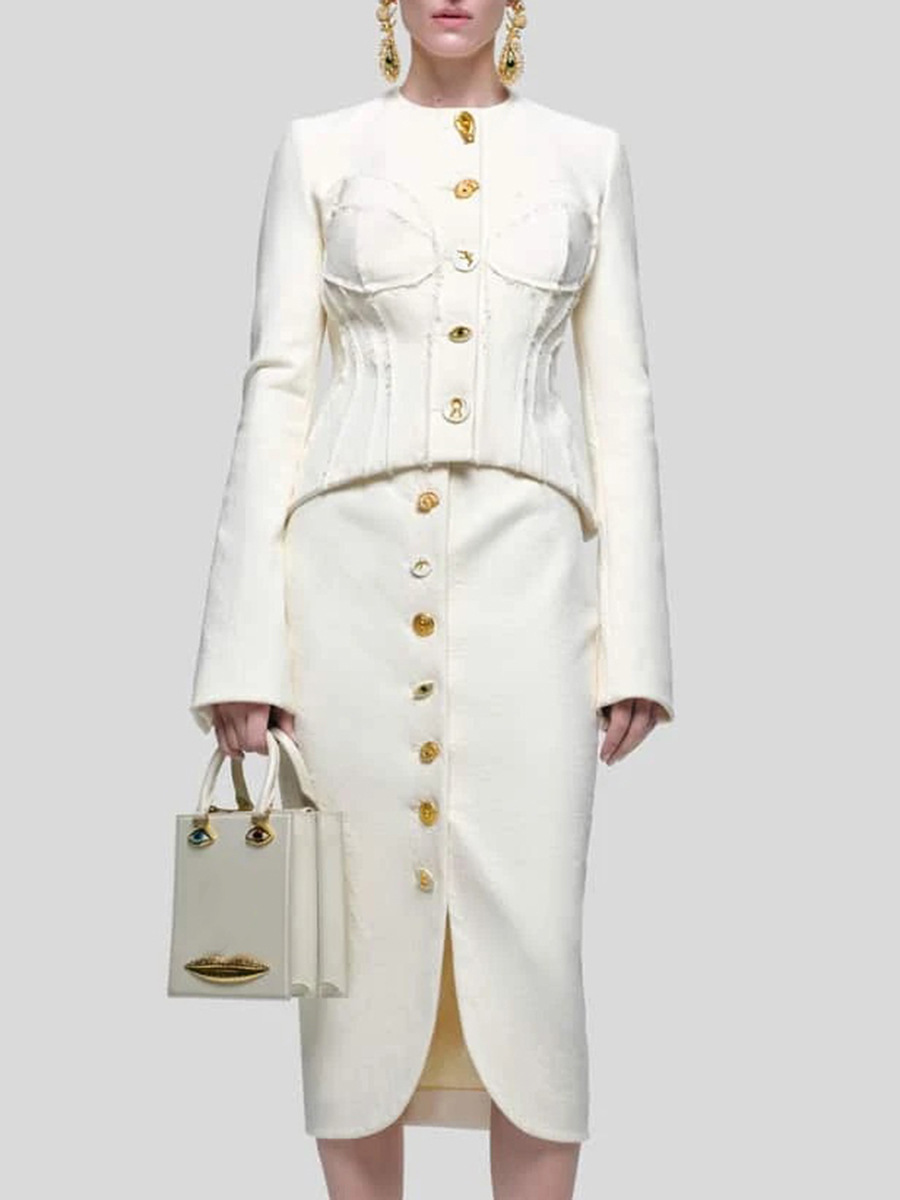 Elegant and Luxurious Chanel-Style Two-Piece Set 2026 Summer New Round Neck Long-Sleeve Waist-Cinching Top and Skirt Set for Women