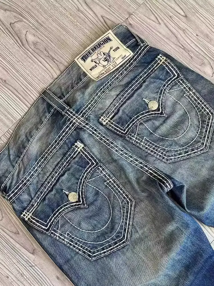 Cross border e-commerce American high street trendy brand jeans, white thick thread Buddha Religion straight leg casual pants for men
