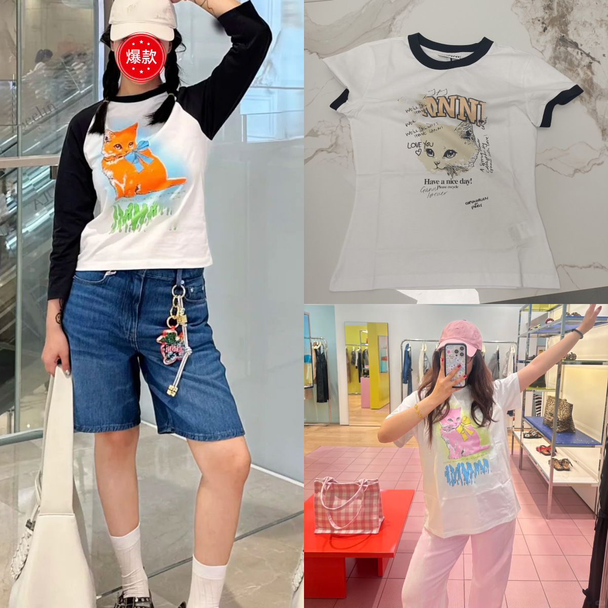 25 Autumn and Winter New Niche Design Letter Kitty Cat Print Round Neck Loose Cotton Short-Sleeved T-Shirt White Top