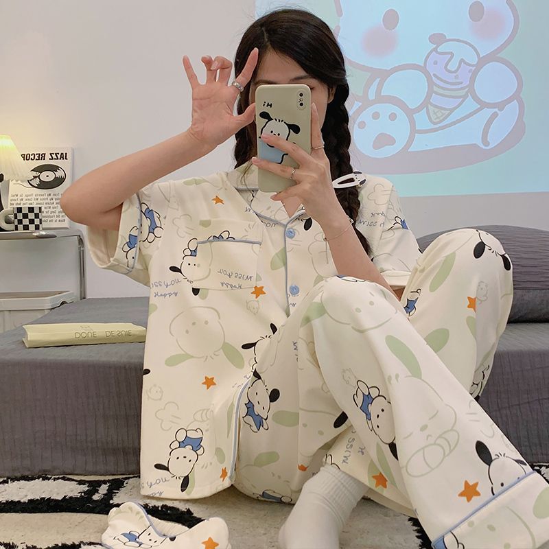 Cute Parchai Dog Fresh Cartoon Pajamas Women's Spring and Autumn Cotton Sweet Cute Style Cardigan Short-sleeved Home Clothes suit