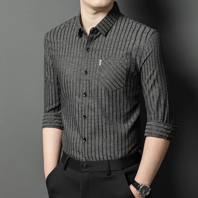 Autumn 2024 New Men's Silk Linen Striped Long-sleeved Light Luxury Shirt Business Casual Traceless Shirt Men