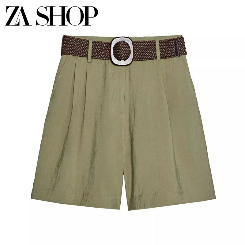 2025 Summer New Women's Fashion Versatile Belted Loose Pleated Stylish Casual Wide-Leg Shorts 8372444