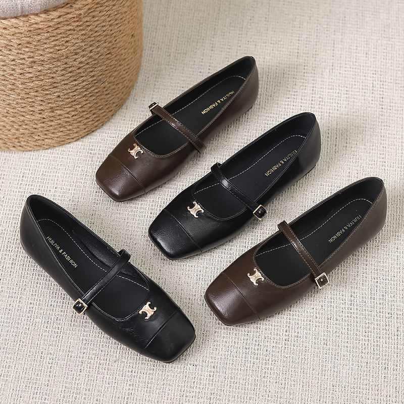2025 Spring and Autumn New Korean Style Retro All-match Mary Jane Shoes Flat Square Toe One-word Buckle Shallow Mouth Single-layer Shoes for Women