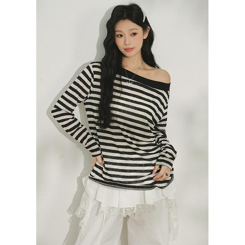 M4* Sweet Hot Girl Style Black and White Striped Casual Long Sleeve T-Shirt Women's Summer Loose Slimming Easiest for Match Oblique Shoulder Top