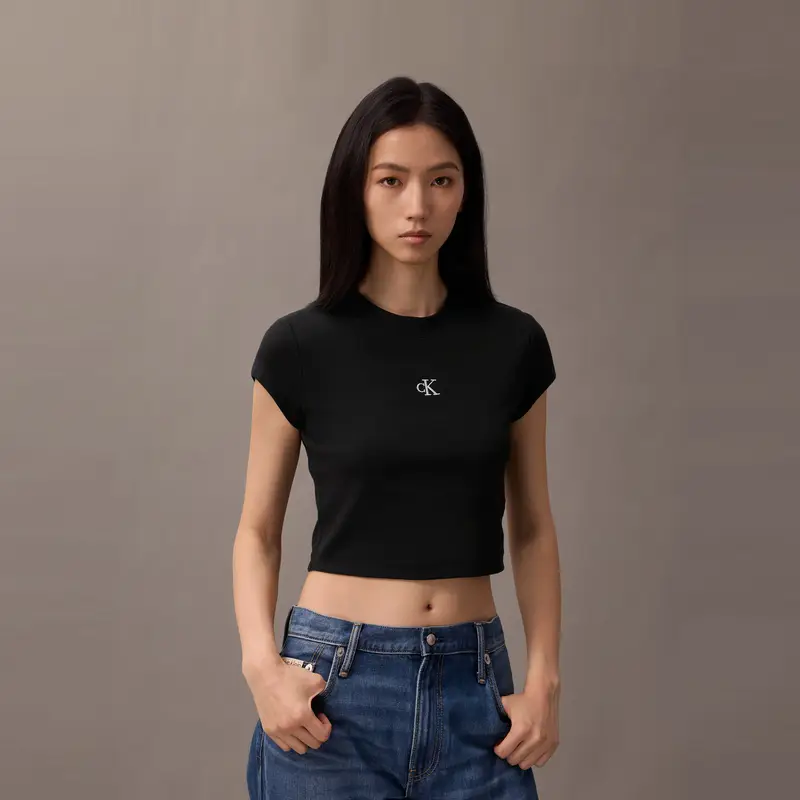 Ck Jeans25 Spring and Summer New arrival Women Minimalist Embroider Fashion Sexy Right Shoulder Rib Short Sleeve T-Shirt 47Ab212