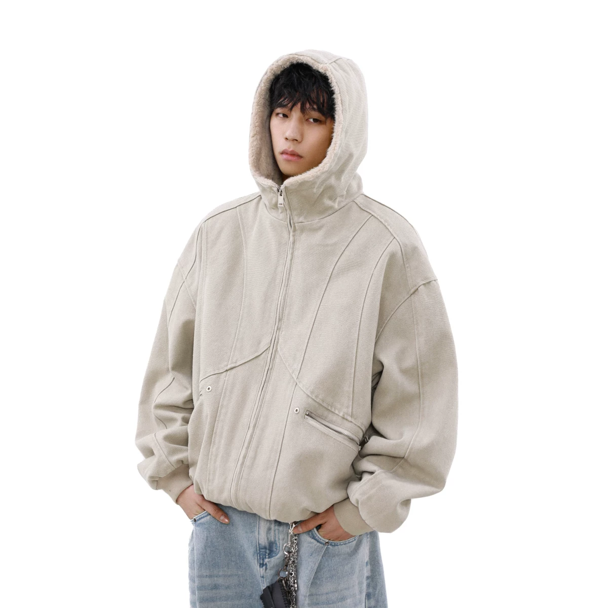 MRNEARLY American Clean Fit Winter Seat Mountain Carving with Velvet Thick Coat Men's Wool Collar Canvas Cotton Jacket