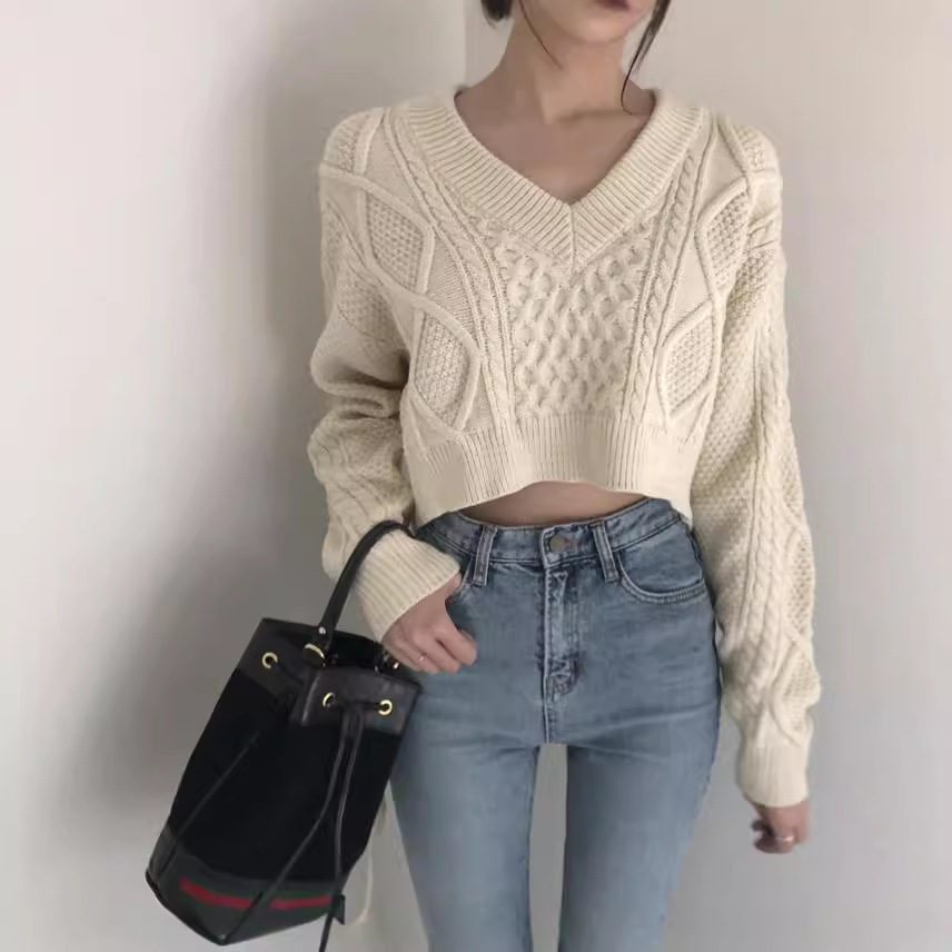 2025 New Autumn and Winter Korean Chic Style Retro Hemp Pattern Back Strap Japanese Style Style Lazy Style Knitted Sweater