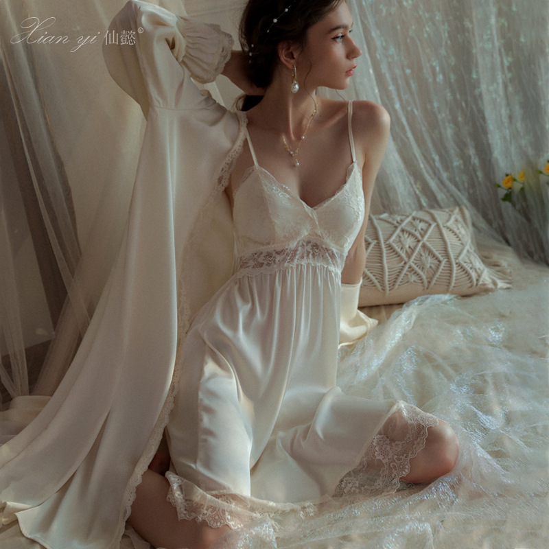 Women's silk-like long-sleeved suspender nightdress with chest pad, pure French lace home wear suit 469