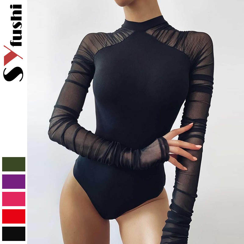 European and American autumn new women's half turtleneck fashion mesh stitching long sleeve slim fit hot girl one-piece solid color bottoming shirt