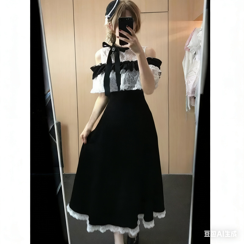 Lace Sweet Design Cape Dress, Elegant Summer New Style, Bow-Tie Short-Sleeve, Waist-Cinching, Slimming Long Dress, Polyester