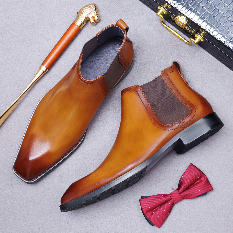 [Big Sale] Business Chelsea Boots Drill Belt Cowhide Genuine Leather Men's Trendy British Slip-On Boots Men