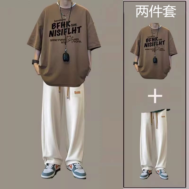 Casual Short-sleeved suit Men's Summer Youth Hong Kong-style Handsome Ins Fashionable T-shirt with Pants Set of Two