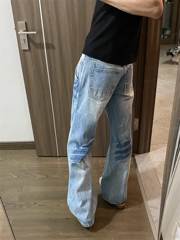 Niche Crack Design Washed Light Blue Denim Men's American Style Trendy Casual Easiest for match Loose Straight-leg pants