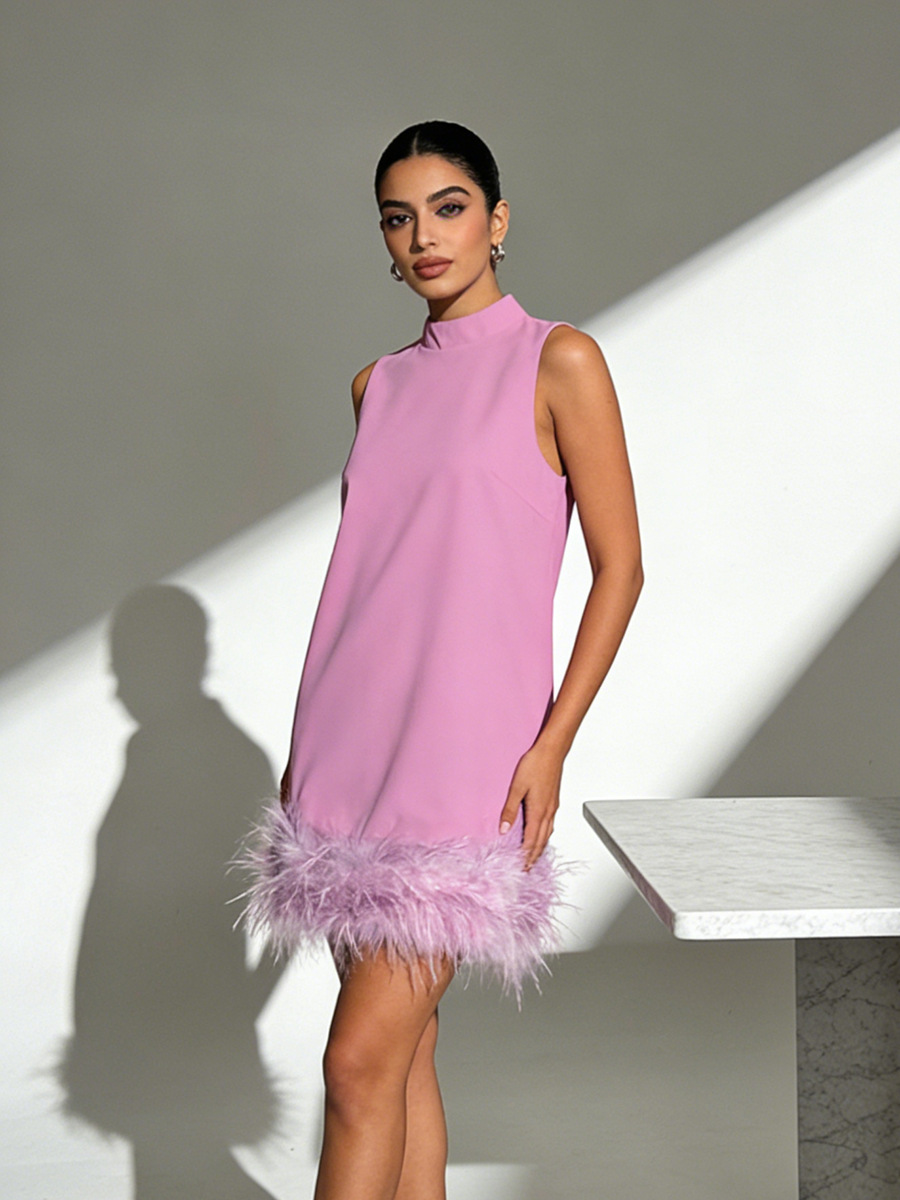 Niche Design Solid Color A-Line Skirt 2026 Summer New Style Sleeveless Loose Dress with Ostrich Feather Trim at the Hem