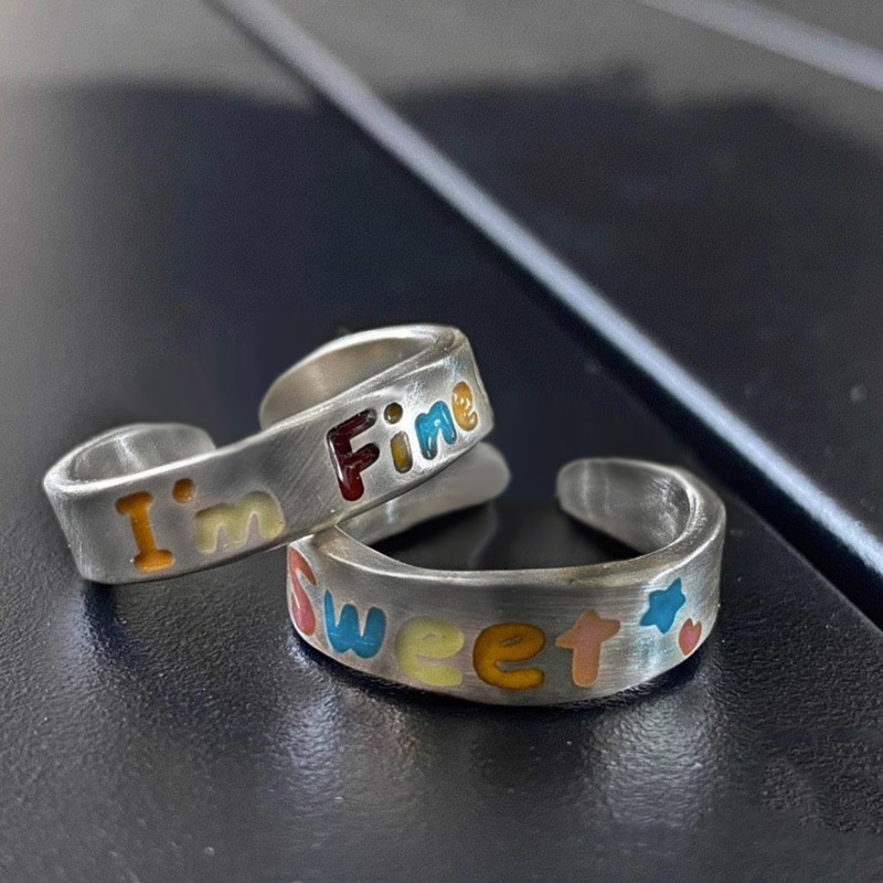 Japanese and Korean-style Rainbow Drop Glaze Letter Open Ring for Women's Niche Design Retro Personality High-end Sense Cold Wind Ring Trendy