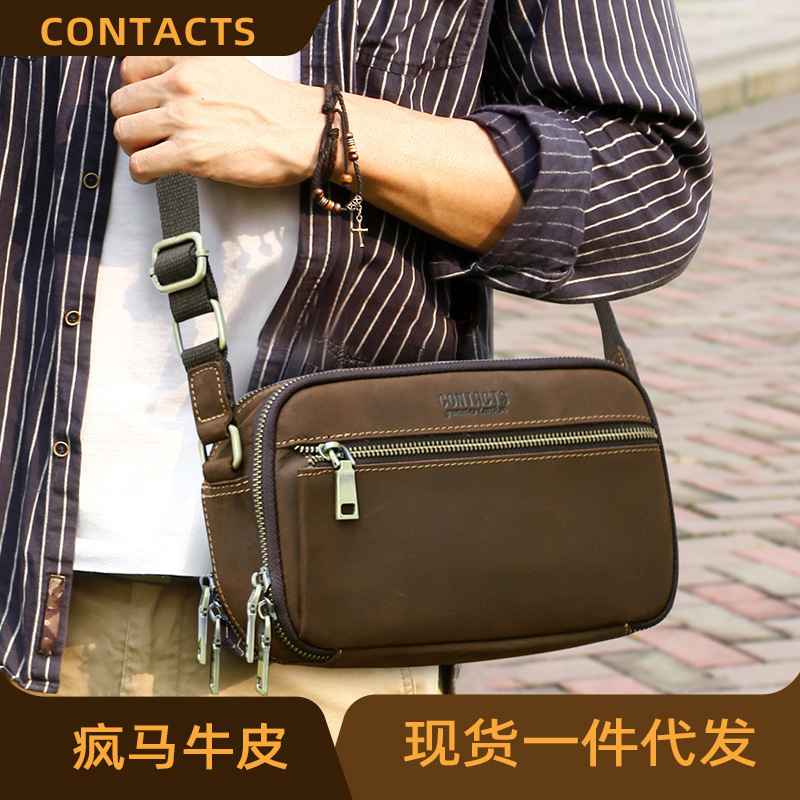 Black Angel retro Crazy Horse leather men's shoulder bag casual multi-functional men's messenger bag genuine leather men's bag in stock