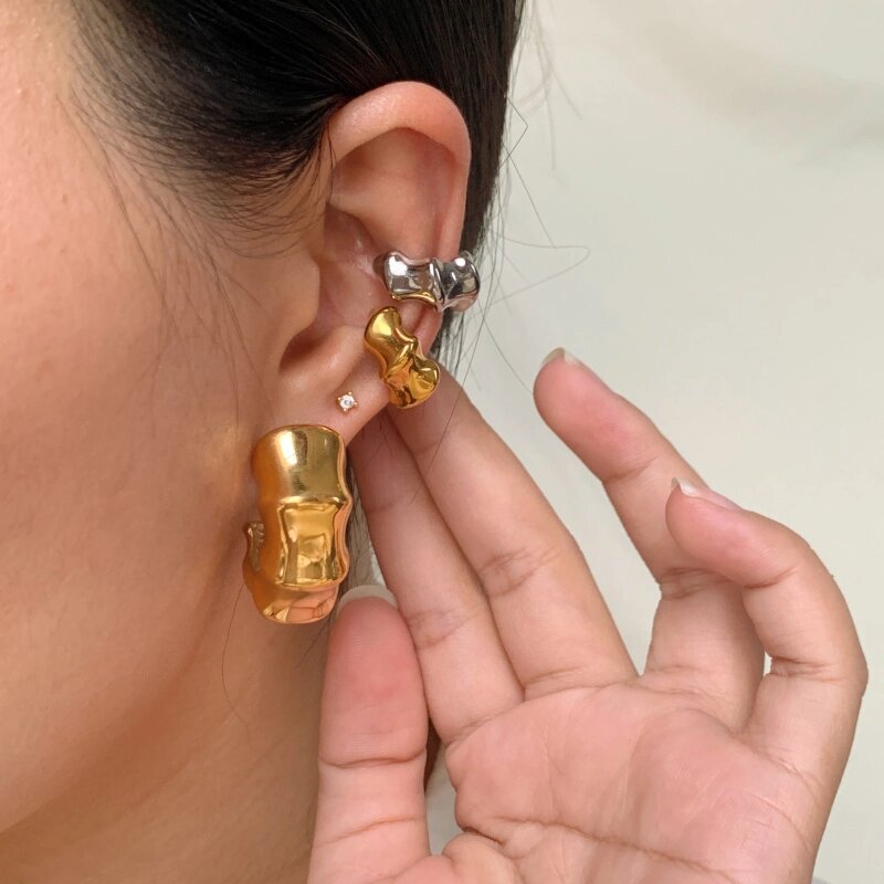 European and American Cross-Border 18K Gold Threaded Stainless Steel Bamboo Thickened C-Shaped Earrings Twist Spiral Exaggerated Large Earrings Earrings
