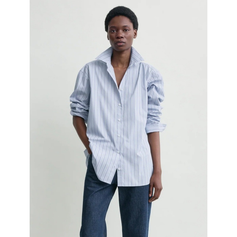 Longme Loose Cotton Striped Shirt for Women 2026 Spring/Summer New Tot Style Simple Commuter Turn-Down Collar Long-Sleeve Top