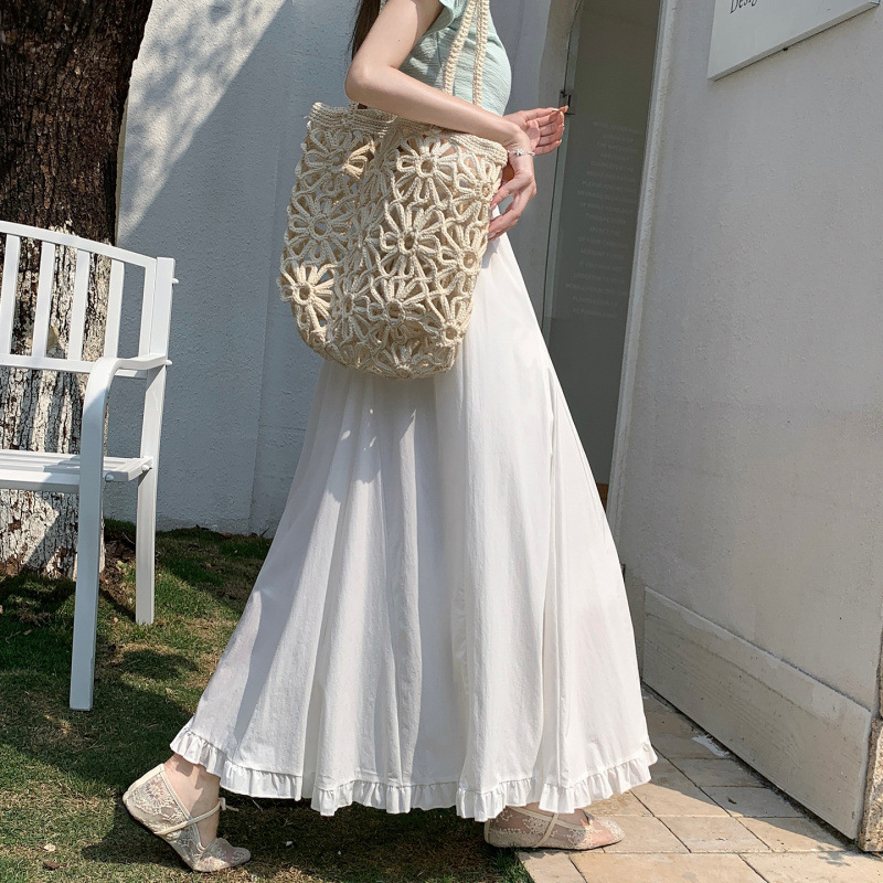 White Ruffled Patchwork Skirt for Women, New Spring/Summer High-Waisted Long Skirt with a Flowy A-Line Design
