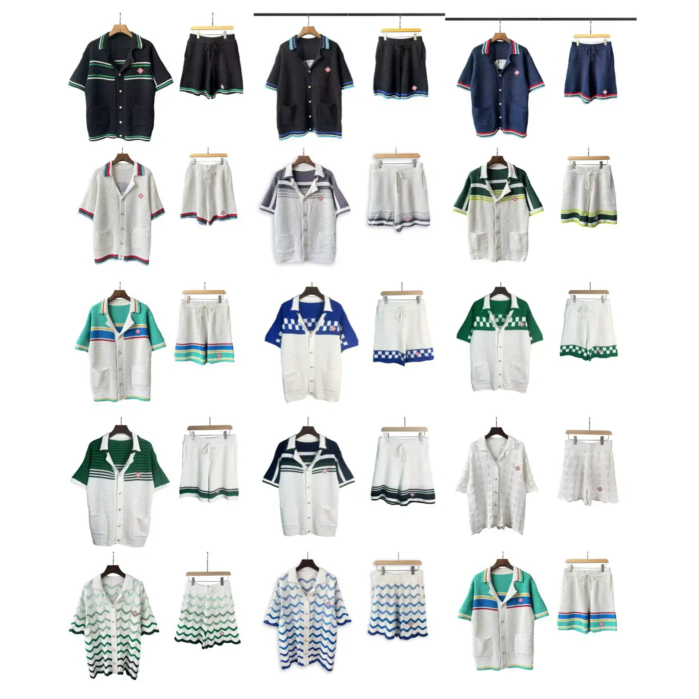 Casablanca Pearl Button Contrasting Color Cut Out Knitwear Knitwear Men's and Women's Short-Sleeved Cardigan Shorts Suit Summer